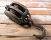 Vintage Barn Pulley Farm Tool Weathered Wood Cast Iron Large Hook Rustic Industrial Farmhouse Decor Antique Hanging Lifting Tool