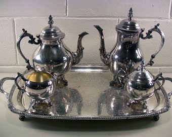 Vintage Silverplate Coffee Tea Service 5-Pc Serving Set Tray Coffee Pot Teapot Creamer Sugar Bowl & Lid 1883 FB Rogers Silver Co