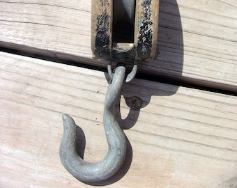 Vintage Barn Rope Pulley Large Wood Block Steel Hook Rustic Farmhouse Industrial Steampunk Decor Vintage Farm Tools 1950s