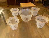 Antique Vintage Set 5 Ruffled Acid Etched Glass Light Shades 1 Lg 4 Sm-Missing Chunk Oil Lamp Replacement Parts Restoration 1900s