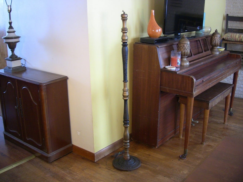 Antique Turned Wood Floor Lamp Cast Iron Base Black Gold Art Nouveau Style 1920s 1930s Home Decor Repurpose Makeshift Coat Or Hat Stand