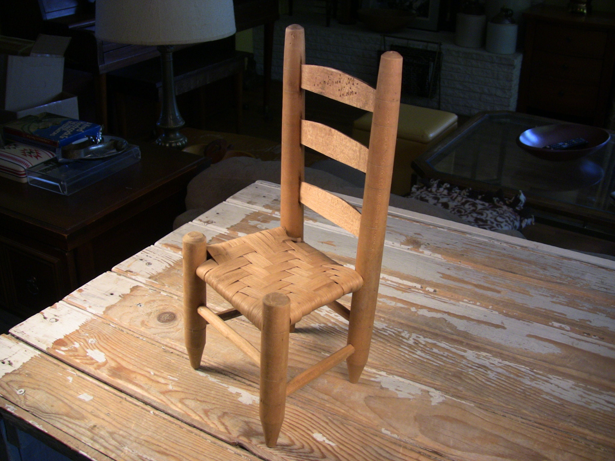 Vintage Miniature Ladderback Doll Chair Reed Seat Lookout Mountain Tennessee Souvenir 13.5Hx6.25x5.5