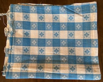 1 Vintage Cotton Feedsack Fabric Blue White Medium Gingham Check Flowers Whole Sack w-Hole 1920s-1950s Sewing Quilting Material