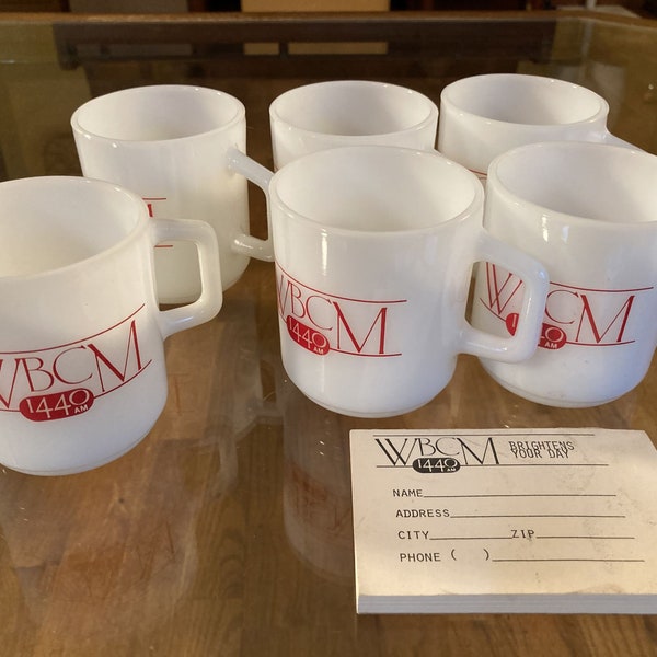 Vintage Milk Glass Advertising Promo Mugs WBCM 1440 AM Galaxy Set of 6 1960s-70s Radio Station Promotion Glassware Drinkware