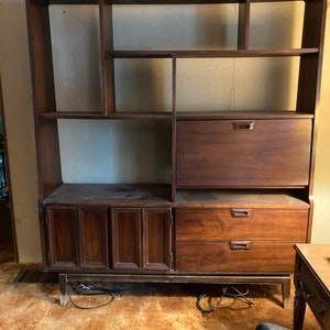 Vintage Mid Century Modern Walnut Cabinet Bookcase Wall Unit Drop Desk Drawer Shelf 1960s Home Decor Livingroom Furniture