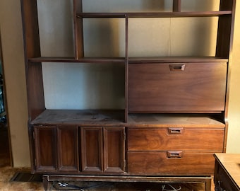 Vintage Mid Century Modern Walnut Cabinet Bookcase Wall Unit Drop Desk Drawer Shelf 1960s Home Decor Livingroom Furniture
