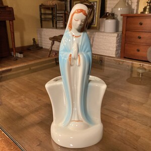 Vintage Blessed Virgin Mary Statue Heavy Ceramic Planter Vase Figurine Religious Statuary Home Decor 12-In 1960s 1970s
