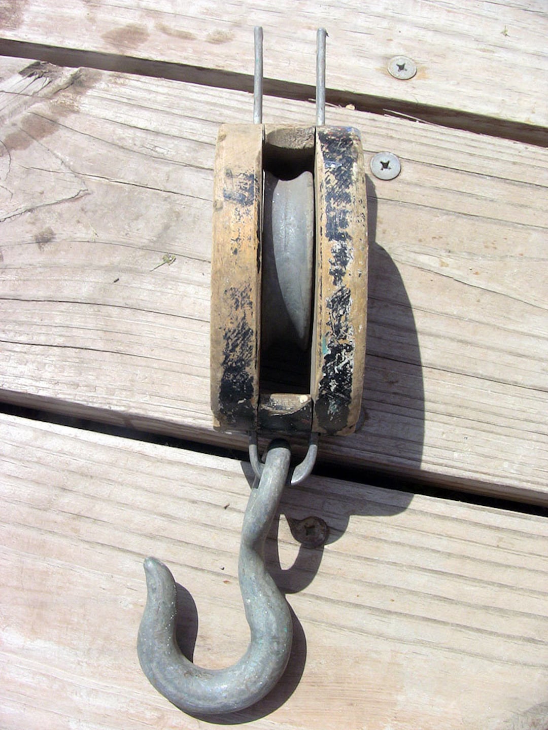 Vintage Barn Rope Pulley Large Wood Block Steel Hook Rustic Farmhouse ...