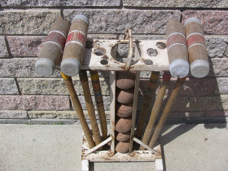 Vintage Croquet Set Wood Mallets Balls Metal Stand Weathered Etsy