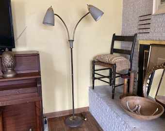 Vintage Mid Century Floor Lamp Adjustable 2-Light Gooseneck Bullet Shades Atomic Space Age Lighting MCM Home Decor 1950s 1960s