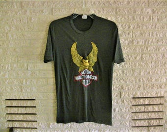 Vintage Harley Davidson Collectible Memorabilia T Shirt Embroidered Eagle Motor Cycle Logo Jigsaw Womens Tee Biker Apparel Circa 1980s