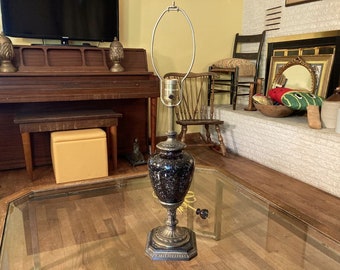 Small Vintage Brass Bronze Trophy Urn Table Lamp Gold Fleck Black Glass Base 1970s Living Room Hollywood Regency Decor