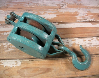 Vintage Industrial Barn Pulley Wood Block Double Wheel Iron Hook 14" U-W Logo Hanging Lifting Farm Tools Rustic Farmhouse Decor #4of6 D
