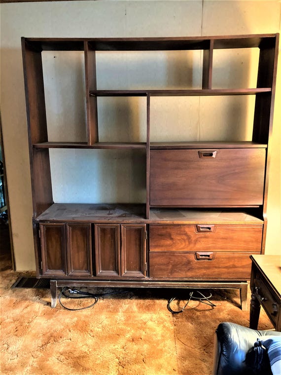 Vintage Mid Century Modern Walnut Cabinet Bookcase Wall Unit Drop Desk Drawer Shelf 1960s Home Decor Livingroom Furniture