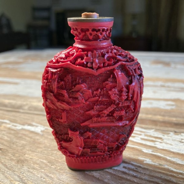 Vintage Miniature Snuff Bottle Carved Red Cinnabar Resin Village Scene 1950s 1960s Chinese Asian Collectible Decor