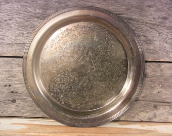 Vintage Silverplate Round Platter Serving Drink Tray Banded Design 12.25-In Dia Elegant Tableware Barware Silver Decor