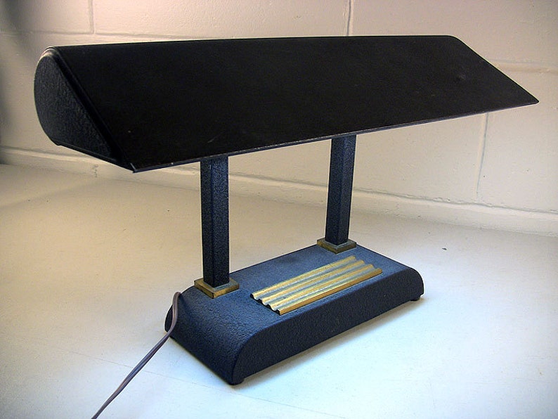 Vintage Art Deco Desk Lamp With Brass Pen Tray For Executive Office Or Bankers Table Brown Metal By Van