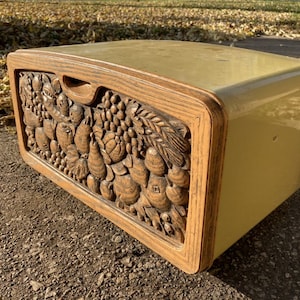 Vintage Mid Century Metal Bread Box Gold Brown Plastic Carved Fruit Motif Burlington Crafts USA 1960s 1970s Kitchenware Kitchen Decor