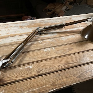 May include: A brown metal desk lamp with a flexible arm and a brown metal shade. The lamp is on a wooden surface.