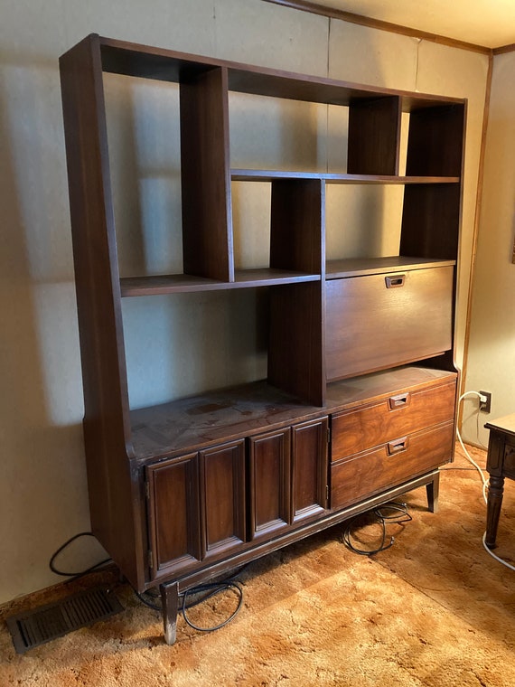 Vintage Mid Century Modern Walnut Cabinet Bookcase Wall Unit Drop