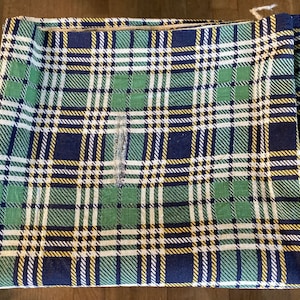 1 Vintage Cotton Feedsack Fabric Green Blue Gold White Plaid Whole Sack w-Tear 1920s-1950s Sewing Quilting Material