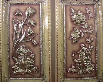 Vintage Cherub Angel Pictures Metallic Goddess Garden Roses Flowers by Metalcraft Hollywood Glamor Shabby Cottage Decor