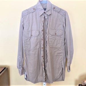 Vintage Regulation Army Officers Shirt Long Sleeve Light Khaki Twill 14-34 Distressed Casual Military Uniform 1940s 2of4