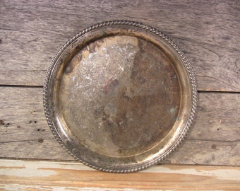 Vintage Round Platter Serving Drink Tray Wrapped Edge 12.5-In Dia Elegant Tableware Barware Silver Decor