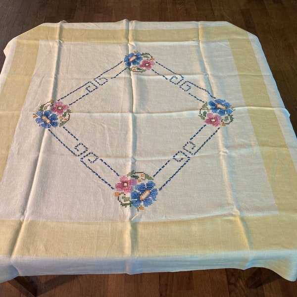 Vintage Linen Tablecloth Two-Tone Yellow Colorful Cross Stitch Flowers 42x42 Square 1960s Kitchen Table Linens Home Decor Garden Tea Party