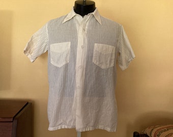 Vintage Rockabilly Style Sanforized Cotton Shirt Short Sleeve Button Down 1950s 1960s Clothing Off White Men's Medium