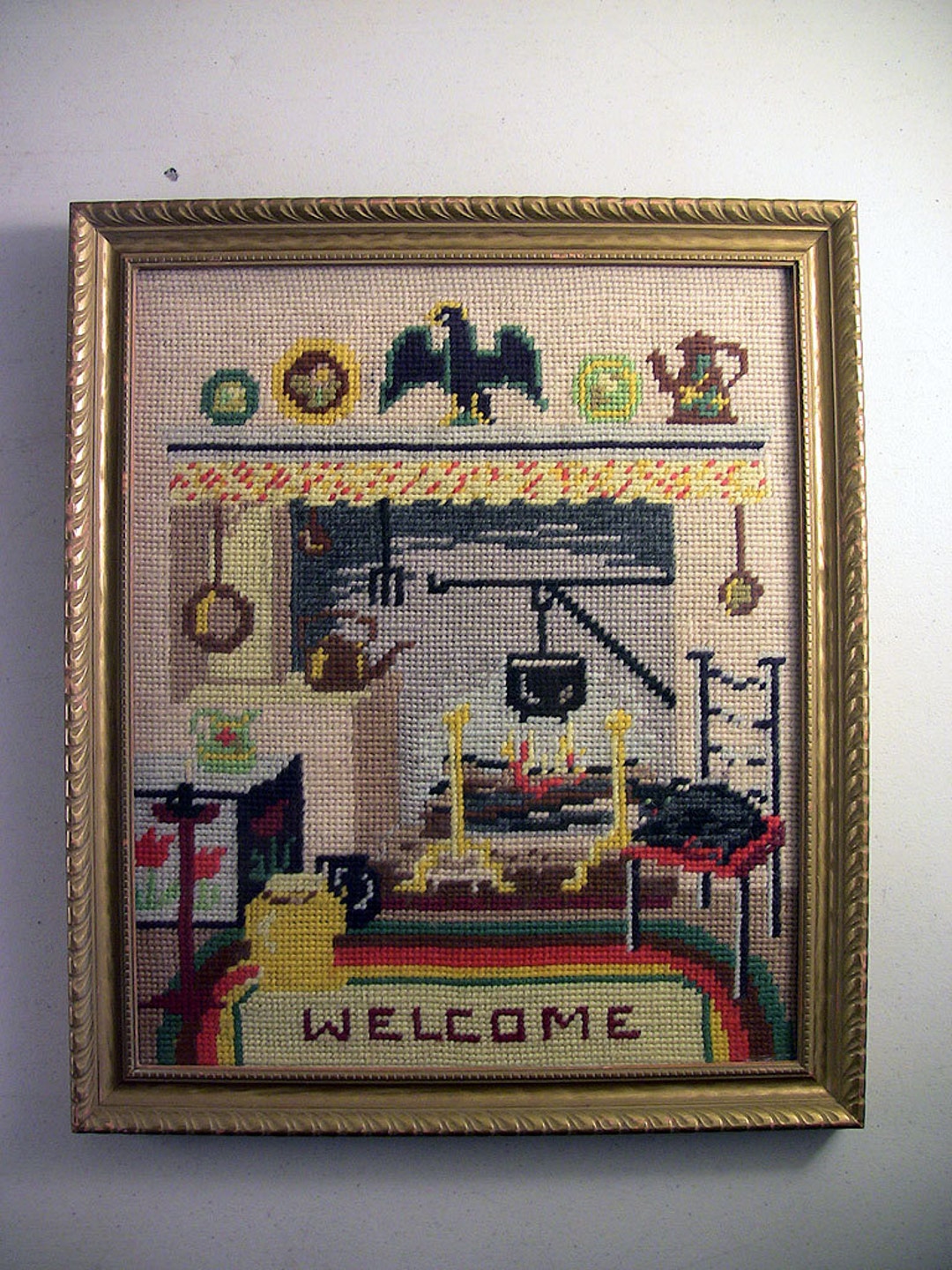 Vintage Needlepoint Picture Welcome Sign Early American Kitchen ...