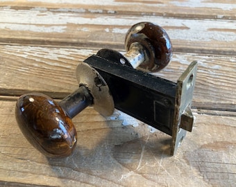 Antique Mortise Set Brown Swirl Porcelain Knobs Closet or Interior Door Unmarked For Repair Restore Replacement 1920s Hardware