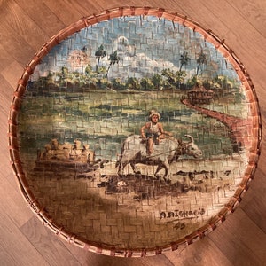 Vintage Scenic Painting On Basket Tray Tropical Agriculture A. Aignacio 1945 Boy Ox Cart Paint-Decorated Shallow Basket Souvenir Wall Decor