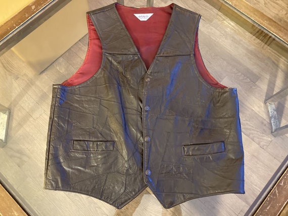 Vintage Men's Brown Leather Vest Stitched Patchwo… - image 1