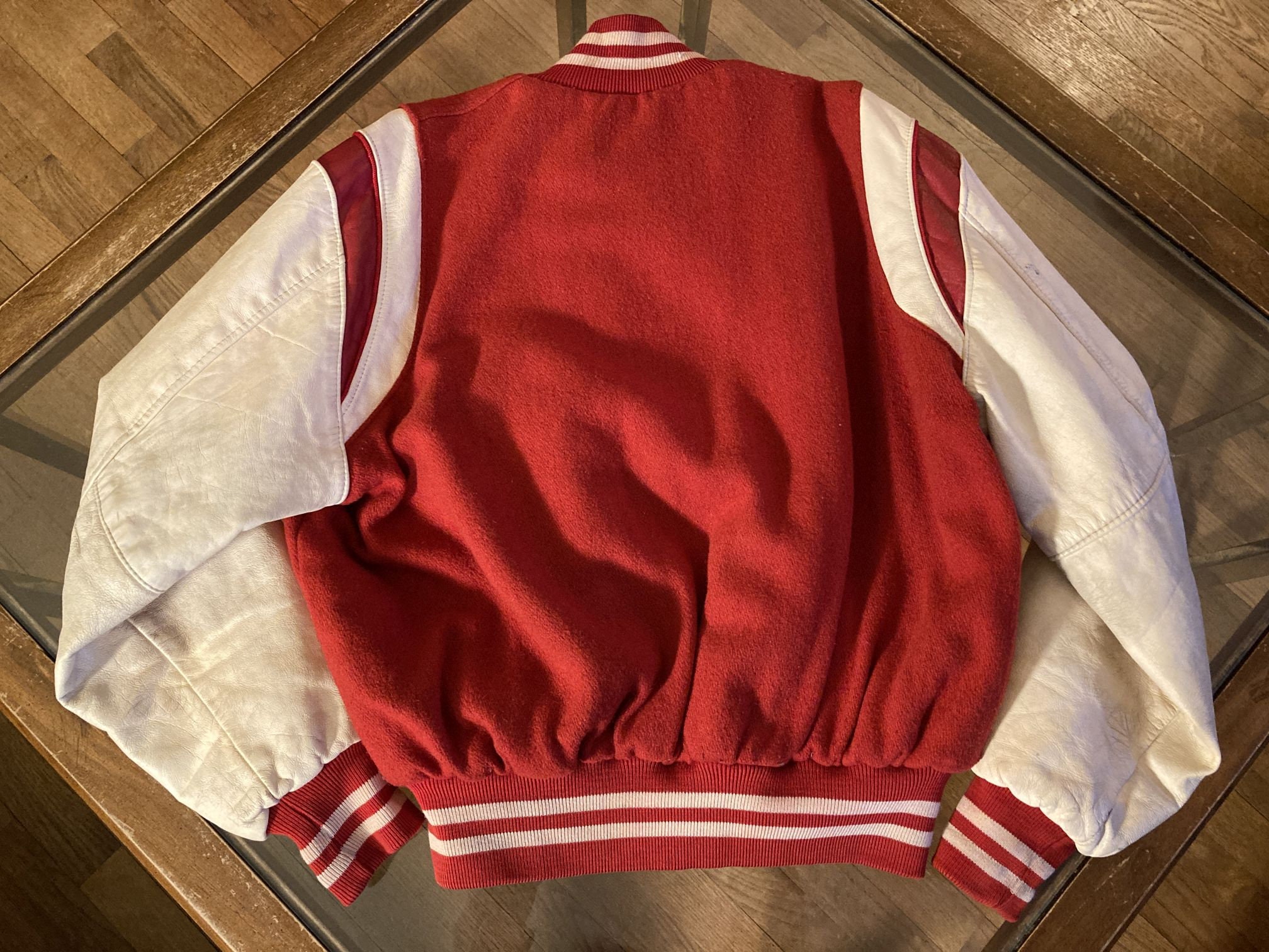 Vintage Holloway College Jacket Red White Wool Leather Men's Med 1960s