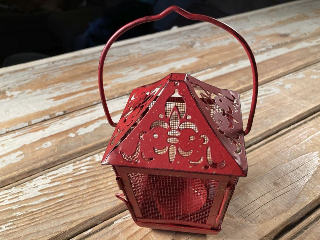 Vintage Pierced Tin Lantern Hanging Tea Light Candle Holder Red Metal