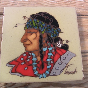 Vintage Ceramic Art Tile Trivet Native American Indian Chief C. Teissedre 1980s Navajo Indian Artist Potter Storyteller Southwestern Style