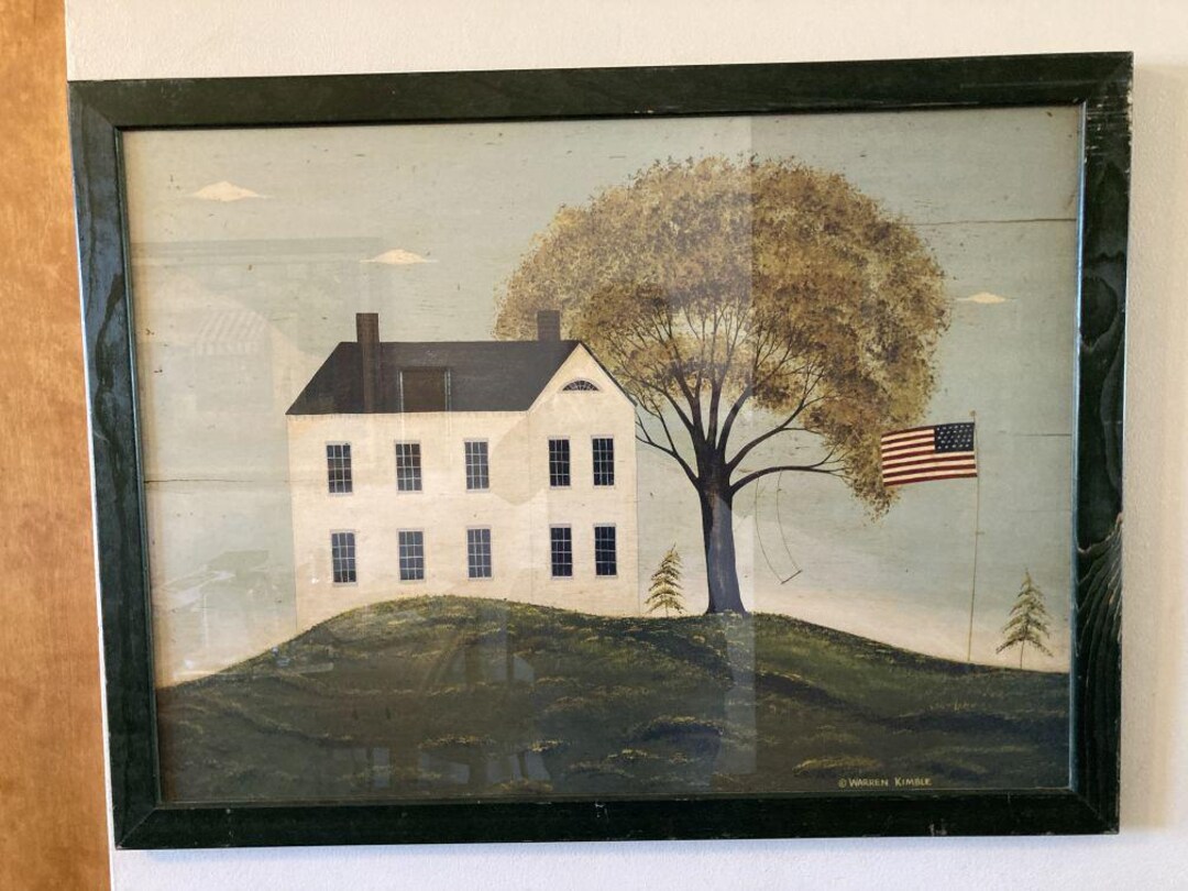 Large Vintage Framed Folk Art Print Warren Kimball Salt Box House
