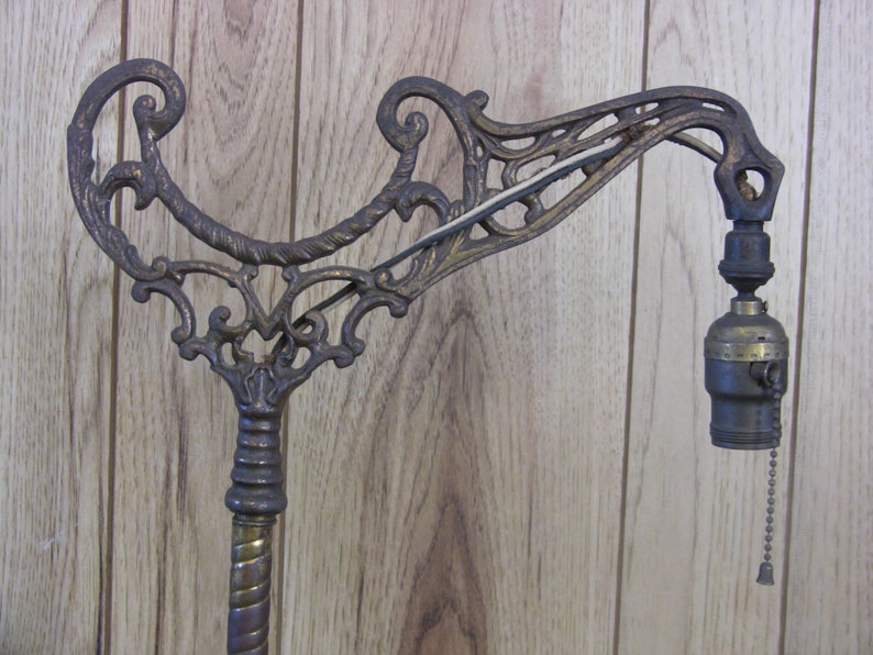 Antique Cast Iron Bridge Arm Floor Lamp Brass Twist Pole Swivel Socket 1920s Home Decor Art Nouveau Lighting For Restoration Repair