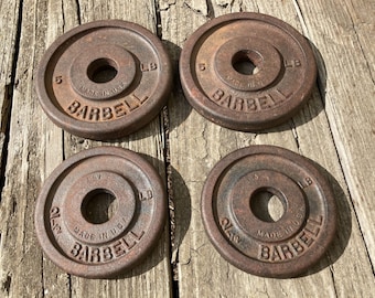 Vintage Cast Iron Barbell Weight Plates Set of 4 Pair 2.5-lb Pair 5-lb Weights USA 1970s Weightlifting Fitness Sports Equipment