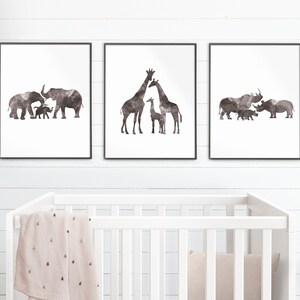 Watercolor Animal Family Prints | Set of Elephant Giraffe Rhinoceros | Mom Dad Baby Animals | Safari Jungle Art Decor | 2 Sizes | Printable