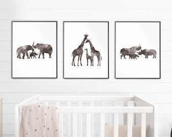 Aquarell Tier Familie Drucke | Set von Elefanten Giraffe Rhinoceros | Mama Papa Baby Tiere | Safari Dschungel Kunst Dekor | 2 Größen | Druckbare