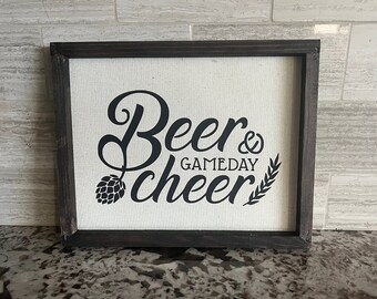 Beer & Gameday Cheer Reversed Canvas Sign | Natural Canvas and Black Vinyl | Football Decor | Beer Football Sign | Bar Sign | 10" x 8"