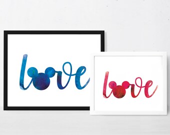 Love Maus Print | Maus Aquarell Druck | Love Wand dekor | Maus Poster | Mick WandDeko | Download | Blau oder Rosa | 3 Größen