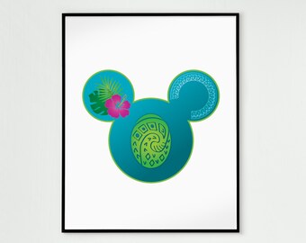 Moana Maus Ohren Print | Sommerinsel Dekor | Moana Maus Kopf Poster | Prinzessin Ohren Wandkunst | Download | 3 Größen