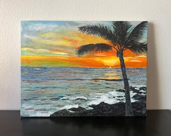 Kona on the Rocks Painting | Hawaii Sunset Painting | Beach Decor | Palm Tree Tropical Art | Coastal Home | Acrylic Canvas | 8" x 6"