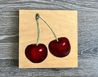 Kirsche Malerei Holz | Original Gemälde | Rote Kirschen | Handbemalt | Küchendeko | Holzschild | Bauernhaus Dekor | Stillleben | 20 x 20 cm