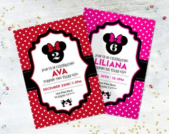 Minnie Geburtstagseinladung | Rot oder Pink-Mäuse-Geburtstag | 5x7 Personalisieren | Herunterladen | Drucken | Zauberhafte | Polka Dots