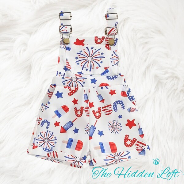 patriotic bib overalls girls red white and blue shorts bib overalls July 4th girls outfit toddler girl overalls
