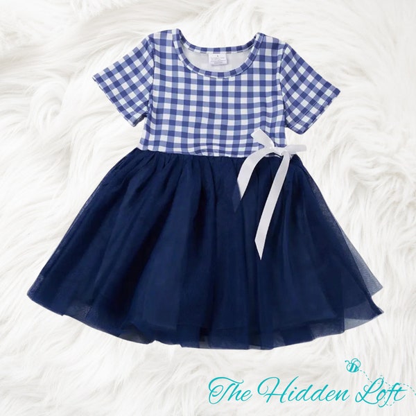 navy blue tulle dress navy plaid dress summer dress girls summer dress toddler girl tutu dress